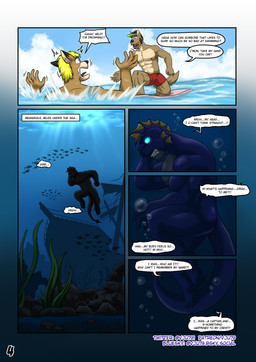 amnesia anthro asking_for_help blonde_hair blue_body blue_glow bone brown_body brown_fur brown_hair bubble clothed clothing cloud cloudy_sky day debris dialogue ear_fins ear_frill fin frill_(anatomy) fur glowing glowing_eyes group hair hand_on_head hat head_crest head_fin head_frill headache headgear headwear light male muscular outside page_number sea seaweed shipwreck skull sky sunlight surfboard swimming swimming_trunks swimwear text topless topless_anthro topless_male trio underwater visor_cap water vju79 mythology gharn_(vju79) guss_(vju79) roj_(vju79) ambient_fish ambient_sealife aquatic aquatic_dragon canid canine canis dragon mammal mythological_creature mythological_scalie scalie wolf comic english_text hi_res url