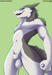 animal_genitalia anthro balls biped fingers fist fully_sheathed fur genitals green_background green_eyes grey_body grey_fur looking_at_viewer looking_down looking_down_at_viewer low-angle_view male male_anthro multicolored_body multicolored_fur navel nude nude_anthro nude_male open_mouth open_smile sharp_teeth sheath simple_background smile solo tail teeth text three-quarter_view two_tone_body two_tone_fur white_body white_fur shiuk roguebarret sergal 2024 absurd_res character_name dated hi_res portrait three-quarter_portrait url