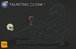 anthro blood_glass cloak clothing female gameplay_mechanics glass human_skull indotaurus invisible solo taunt taunting the_nameless_guy dinosaur hybrid prehistoric_species reptile scalie