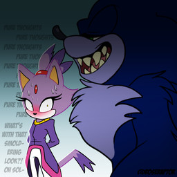 after_transformation anthro black_nose blue_body blue_fur blush bodily_fluids chest_fur duo evil_grin fangs female fur green_eyes hero humor inner_monologue lycanthropy male male/female panicking princess purple_body purple_fur royalty sharp_teeth smile stare sweat sweaty_face teeth text thinking yellow_eyes roseraptor sega sonic_the_hedgehog_(series) sonic_unleashed blaze_the_cat sonic_the_hedgehog sonic_the_werehog domestic_cat eulipotyphlan felid feline felis hedgehog mammal werecreature wereeulipotyphlan werehog 1:1 digital_drawing_(artwork) digital_media_(artwork) english_text flat_colors signature