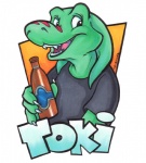 alcohol anthro beer beverage bottle clothed clothing container fangs green_body holding_bottle holding_container holding_object looking_at_viewer male open_mouth simple_background smile solo stripes teeth white_background marymouse toki_(character) lizard reptile scalie 2011 character_badge_(artwork)