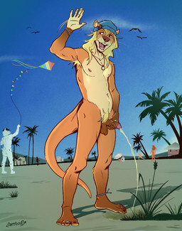 anthro armpit_hair balls beanie beanie_only blonde_hair bodily_fluids body_hair casual_nudity casual_urination clothing digit_ring feet furgonomic_headwear furgonomics genital_fluids genitals gesture glans hair hat hat_only headgear headgear_only headwear headwear_only jewelry male male_peeing mostly_nude nipples nude nude_beach otter_tail peeing penis pubes public_urination ring solo tail toe_ring toes urine watersports waving waving_at_viewer rattfood caleb_(nyapolitan) mammal mustelid otter absurd_res hi_res