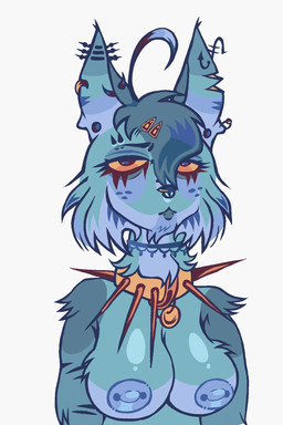 alternative_fashion anthro arm_tuft bangs barbell_piercing big_breasts blue_body blue_fur breasts cartoon_freckles choker collar ear_piercing emo eyelashes female fluffy freckled_face freckles fur goth jewelry long_eyelashes necklace nipple_piercing nipples piercing shoulder_tuft solo spiked_collar spikes tuft theredlace domestic_cat felid feline felis mammal hi_res