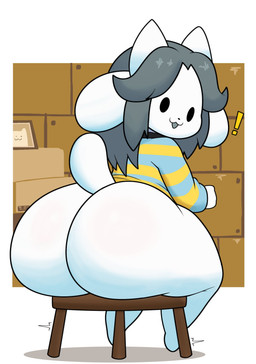 anthro big_butt biped blue_clothing bottomless butt clothed clothing furniture glistening glistening_hair grey_hair hair huge_butt looking_at_viewer looking_back open_mouth pattern_clothing pattern_topwear sitting sitting_on_stool smile solo stool striped_clothing striped_topwear stripes tail thick_thighs three-quarter_view topwear white_body yellow_clothing jutsapostion undertale undertale_(series) temmie_(undertale) tem temmie_(species) 2025 absurd_res digital_media_(artwork) hi_res