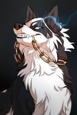 black_body black_fur black_nose blue_eyes chain_in_mouth chain_necklace cheek_tuft eyebrows eyelashes facial_tuft fangs female feral fluffy fur jewelry long_eyelashes looking_away necklace necklace_only nude object_in_mouth simple_background smile snout solo teeth tuft white_body white_eyebrows white_fur azzai canid canine canis domestic_dog mammal spitz yakutian_laika 2025 2:3 cel_shading colored digital_drawing_(artwork) digital_media_(artwork) shaded