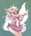 2012 anthro blue_eyes blush bodily_fluids bow_(feature) bow_tie breasts butt canid canine canis chest_tuft clothed clothing crossgender decorated_bow female fluffy fluffy_tail fur grey_body grey_fur heart_symbol mammal massana3 open_mouth paw_pose pose pretty_cure smile_pretty_cure solo sweat tail tongue tongue_out tuft white_body white_fur wolf wolfrun