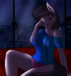 anthro anthrofied biped black_hair breasts clothed clothing female fur furniture grey_body grey_fur hair inside long_hair looking_at_viewer navel off_shoulder one_eye_closed panties purple_eyes sitting sofa solo tired underwear window patch_(artist) friendship_is_magic hasbro my_little_pony octavia_(mlp) earth_pony equid equine horse mammal pony 2014 absurd_res hi_res