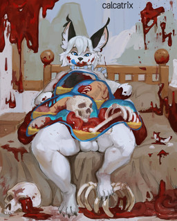 5_fingers after_vore ambiguous_gender anthro anthro_pred balls bed bedding belly big_belly biped black_body black_fur black_nose blood blue_eyes bodily_fluids bone claws collar corpse death detailed_background digestion ear_tuft fatal_vore feet fingers fur furniture genitals gore gore_focus guts hair hard_vore inner_ear_fluff inside inside_stomach intestines licking licking_lips looking_at_viewer male male_pred nude on_bed open_mouth organs penis pillow rib_cage sitting skeleton skull smile snuff solo stomach stomach_acid teeth thick_thighs toe_claws toes tongue tongue_out tuft vore white_body white_fur white_hair calcatrix felid feline felis lynx mammal digital_media_(artwork) digital_painting_(artwork) hi_res painting_(artwork)