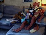 anthro bottomwear clothing cuddling duo female furniture lamp male photo picture_frame shorts sofa underwear sassypants canid canine canis mammal wolf