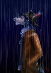 anthro blue_hair bodily_fluids clothing coat fur hair hat headgear headwear male night raining sad solo standing tears topwear wet furrytiger_2012 anix sergal 2017 digital_media_(artwork) hi_res