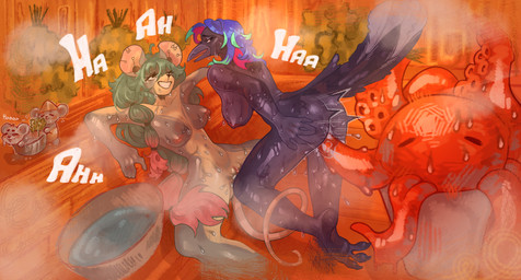 3_toes anthro areola avian_feet bath bathing beak bench bent_over big_breasts bodily_fluids breasts butt duo ear_piercing feathers feet female female/female female_penetrated fingers fur genitals grey_body grey_fur hair hand_on_butt long_hair medium_breasts multicolored_body multicolored_hair nipples nude nude_female on_bench open_mouth penetration piercing presenting presenting_hindquarters presenting_vulva purple_body purple_feathers raised_tail sauna sauna_sex sitting sitting_on_bench smile steam sweat sweatdrop tail tail_coil tail_feathers tentacle_in_vagina tentacle_penetration tentacles text thick_thighs toes two_tone_body vaginal vaginal_penetration vulva klowoff riley_(textingpenguin18) soli_(textingpenguin18) aquatic avian bird cephalopod coleoid corvid corvus_(genus) crow mammal mollusk mouse murid murine octopodiform octopus oscine passerine rodent 2025 digital_drawing_(artwork) digital_media_(artwork) english_text hi_res