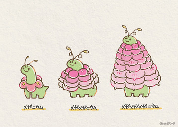 ambiguous_gender antennae_(anatomy) fake_mega_evolution feral flower green_body humor long_neck petals plant quadruped simple_background smile text textured_background koke0u0 fakemon nintendo pokemon elemental_creature flora_fauna generation_2_pokemon generation_9_pokemon mega_evolution mega_meganium meganium pokemon_(species) prehistoric_species japanese_text