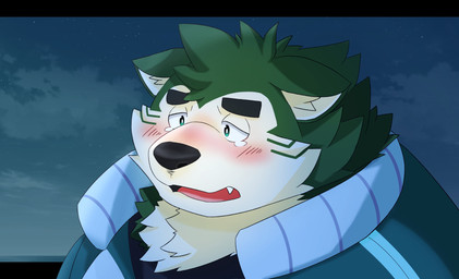 anthro blush bodily_fluids crying ears_down eyebrows fur green_body green_eyes green_fur male pivoted_ears sad solo tears thick_eyebrows jinastray lifewonders live_a_hero mokdai canid canine canis domestic_dog mammal absurd_res bust_portrait hi_res portrait
