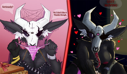3_eyes anthro bodily_fluids bone bracelet clothing cum cum_in_vagina cum_inside dress dripping duo ear_piercing eyebrow_piercing facial_piercing female female_focus genital_fluids gift glowing glowing_eyes heart_eyes heart_symbol hearts_around_head horn inner_ear_fluff jewelry long_tongue male male/female multi_eye nose_piercing piercing saliva saliva_drip saliva_on_tongue septum_piercing sharp_teeth skull skull_head speech_bubble spider_web spikes teeth text tongue tongue_out tuft underwear hollow_table zhaura_(shallowe) human mammal english_text hi_res