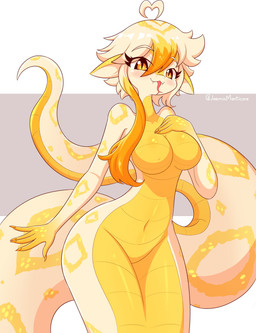 5_fingers ahoge anthro apode bedroom_eyes blonde_hair blush breasts curvy_figure eyelashes featureless_breasts featureless_crotch female fingers forked_tongue hair hair_heart happy legless long_tail markings narrowed_eyes navel non-mammal_breasts non-mammal_navel nude pupils scales seductive serpentine simple_background slit_pupils small_waist solo split_form tail tail_markings tongue ventral_scales yellow_body yellow_eyes jasminthemanticore jasmin_(jasminthemanticore) draconcopode naga reptile scalie snake absurd_res digital_drawing_(artwork) digital_media_(artwork) hi_res portrait three-quarter_portrait