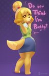 2021 animal_crossing anthro bottomwear canid canine canis cardigan clothed clothing dialogue domestic_dog english_text eyelashes female fur furgonomics hi_res isabelle_(animal_crossing) looking_at_viewer looking_back mammal monotone_bottomwear monotone_clothing monotone_skirt nintendo olexey_oleg pencil_skirt rear_view shih_tzu skirt solo standing tail tail_through_skirt text topwear toy_dog yellow_body yellow_fur