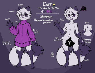 4_toes 5_fingers ambiguous_gender anthro bottomless bottomless_anthro clothed clothed_anthro clothing feet fingers front_view fur nude nude_anthro open_mouth partially_clothed partially_clothed_anthro smile solo standing sweater tail teeth text toes tongue topwear topwear_only white_body white_fur white_tail mewgle dust_(mewgle) canid canine fox mammal 2025 digital_media_(artwork) english_text hi_res model_sheet