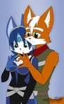 accessory anthro blue_body blue_fur blue_hair breasts canon_couple cheek_tuft clothing daww duo facial_tuft female fingers fur gem gesture hair hair_accessory half-closed_eyes heart_gesture inner_ear_fluff male narrowed_eyes orange_body orange_fur smile standing suit tuft white_hair blackwingedheart87 nintendo star_fox fox_mccloud krystal_(star_fox) canid canine fox mammal 2010 hi_res