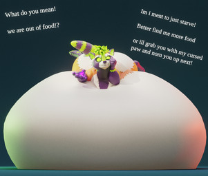 anthro belly big_belly dialogue fur green_eyes hair huge_belly hyper hyper_belly immobile looking_at_viewer lying male morbidly_obese morbidly_obese_anthro morbidly_obese_male nude obese obese_anthro obese_male on_front overweight overweight_anthro overweight_male solo tail talking_to_viewer text ian-exe ian_(ian-exe) mammal procyonid raccoon 2026 3d_(artwork) blender_(artwork) digital_media_(artwork) english_text hi_res