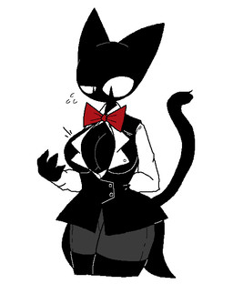 anthro biped black_body black_fur black_tail bottomwear bow_tie breasts cleavage clothed clothed_anthro clothed_female clothing female fingers fur looking_down pupils simple_background slit_pupils solo standing tail topwear white_background sabgong vingo_(sabgong) domestic_cat felid feline felis mammal