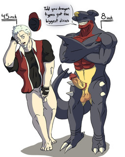 anthro anthrofied athletic comparing duo embarrassed erection genitals humanoid_genitalia humanoid_penis interspecies male male/male muscular penis pokemorph pokephilia smile tail text ddex mythology nintendo pokemon dragon garchomp generation_4_pokemon human mammal mythological_creature mythological_scalie pokemon_(species) scalie english_text hi_res