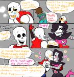 blush bone dialogue female heart_symbol kissing machine male male/male not_furry onomatopoeia papyton skeleton sound_effects text tongue tongue_out nsfwshamecave undertale undertale_(series) frisk_(undertale) mettaton mettaton_ex papyrus_(undertale) animated_skeleton human mammal robot undead comic english_text