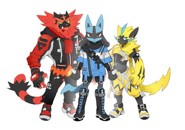anthro black_body black_markings black_skin blue_body blue_fur blue_markings clothing crop_top fur group male markings midriff red_body red_fur shirt streetwear techwear topwear trio yellow_body yellow_fur pastry404 final_fantasy final_fantasy_xiv nintendo pokemon square_enix domestic_cat felid feline felis generation_4_pokemon generation_7_pokemon incineroar legendary_pokemon lucario mammal pokemon_(species) zeraora hi_res