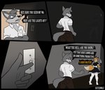 anthro clothed clothing dialogue duo fully_clothed fur grey_body grey_fur head_tuft holding_knife holding_object knife light_switch maid_uniform male male_anthro speech_bubble talking_to_another text tuft uniform suitedwolfie balthy_(suitedwolfie) canid canine canis fox mammal wolf 2024 absurd_res comic digital_drawing_(artwork) digital_media_(artwork) english_text hi_res