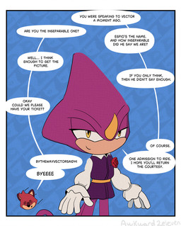 anthro clothing costume dialogue flirting flower male plant profile rose_(flower) solo speech_bubble text awkward2eleven sega sonic_the_hedgehog_(series) the_murder_of_sonic_the_hedgehog espio_the_chameleon chameleon lizard reptile scalie absurd_res comic english_text hi_res