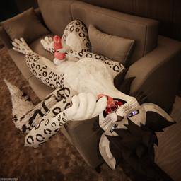 animal_genitalia animal_penis anthro anthro_on_anthro balls biped black_body black_fur bodily_fluids canine_genitalia canine_penis claws clothing depth_of_field dominant erection fur furniture genitals grey_body grey_fur hair inside knot licking lying lying_on_sofa male mouth_shot multicolored_body nude on_back on_sofa open_mouth oral_invitation penis pink_penis reflection saliva slim slim_anthro slim_male slim_sub smile sofa solo submissive submissive_male tail tongue tongue_out white_body white_fur dragonplayer canid canine canis felid fox mammal pantherine rexouium snow_leopard 1:1 3d_(artwork) absurd_res blender_(artwork) blender_cycles_(artwork) digital_media_(artwork) hi_res