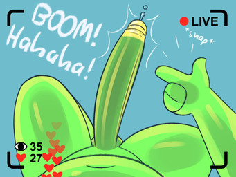 big_penis bodily_fluids camera_view dialogue expansion genital_expansion genital_fluids genitals green_body green_penis growth heart_symbol impact_lines laugh livestream male onomatopoeia penis penis_expansion precum presenting presenting_penis recording snapping_fingers solo sound_effects text gemsum spit_(gemsum) goo_creature humanoid imp 2023 4:3