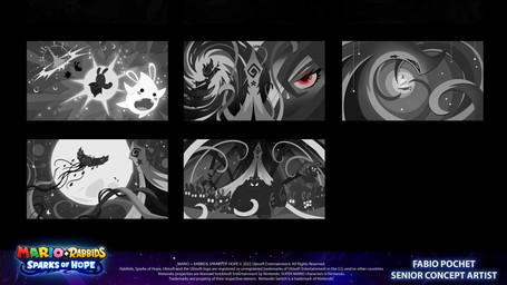4_fingers ambiguous_anthro ambiguous_gender anthro black_body black_clothing black_dress black_hair cloak clothed clothed_female clothed_human clothing copyright_symbol dot_eyes dress ear_piercing empty_eyes eyelashes featureless_crotch featureless_limbs female female_human fingers furrowed_eyebrows fusion grey_cloak grey_clothing grey_inner_ear grey_ribbon grey_tongue group hair hood_up hooded_cloak larger_ambiguous larger_anthro larger_male light long_ears long_hair looking_at_viewer male midair moon open_mouth piercing princess pupils reaching_out red_eyes royalty simple_eyes size_difference smaller_ambiguous smaller_anthro space space_station star star_ear_piercing symbol text title tongue white_body white_skin year fabio_pochet mario_bros mario_plus_rabbids_sparks_of_hope nintendo raving_rabbids rayman_(series) super_mario_galaxy ubisoft cursa_(mario_plus_rabbids) ghostly_walker lone_wolf_(mario_plus_rabbids) rosalina_(mario) stooge_(mario_plus_rabbids) wildclaw_(mario_plus_rabbids) aquatic canid canine canis celestial_being darkmess_manta felid fish ghost human hybrid lagomorph luma mammal manta_ray pantherine rabbid ray_(fish) spark_(mario_plus_rabbids) spirit squasher_(mario_plus_rabbids) suid suine thwomp tiger wolf 16:9 2022 4k absurd_res artist_name concept_art crossover digital_drawing_(artwork) digital_media_(artwork) english_description english_text greyscale hi_res lighting lineless monochrome multiple_scenes official_art shaded widescreen female_(lore)