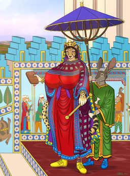 5_fingers achaemenid anthro big_breasts black_hair black_nose black_spots breasts brown_body brown_fur clothed clothed_anthro clothed_female clothing crown detailed_background dress duo female fingers footwear fur hair headgear huge_breasts humanoid_hands larger_female male markings persian_(culture) scepter shoes size_difference smaller_male spots spotted_body spotted_fur standing tablet umbrella yellow_body yellow_fur ohs688 amastri cheetah felid feline lagomorph leporid mammal rabbit 2025 absurd_res hi_res signature