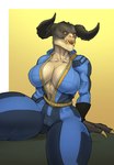 anthro big_breasts breasts camel_toe claws cleavage clothed clothing empty_eyes female horn no_pupils sitting solo vault_suit thechurroman fallout microsoft deathclaw monster scalie 2024 hi_res portrait three-quarter_portrait