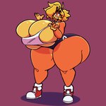 5_fingers anthro big_breasts blonde_hair breasts clothing eyebrows female fingers footwear green_eyes hair huge_breasts hyper hyper_breasts shoes solo thick_eyebrows thick_thighs topwear colacoot cola_bandicoot bandicoot mammal marsupial 1:1 2025