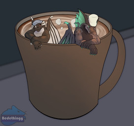 anthro beverage black_body candy chocolate claws colored_nails container cup dessert dorsal_fin dorsal_frill ear_fins fin food frill_(anatomy) green_body green_nails green_skin grey_body horn hot_chocolate male marshmallow mug multicolored_body nails partially_submerged red_eyes relaxing spines wings bedethingy capcom monster_hunter mythology negadrake nyxt dragon flying_wyvern legiana mythological_creature mythological_scalie scalie 2025 hi_res