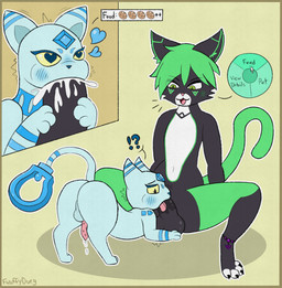 4_toes animal_genitalia animal_penis anklet anthro anthro_on_feral balls bestiality black_body black_claws black_fur blue_body bodily_fluids butt claws cum cum_in_mouth cum_inside duo exclamation_point facial_markings feet feline_genitalia feline_penis fellatio feral fur gameplay_mechanics genital_fluids genitals green_eyes green_hair green_markings green_tail hair head_markings heart_eyes heart_symbol humanoid_genitalia humanoid_penis jewelry looking_at_another looking_at_partner male male/male markings masturbation multicolored_body nude on_ground open_mouth oral penile penis perineum pink_nose question_mark saliva saliva_on_penis sex tail toes two-handed_masturbation white_toes yellow_sclera fwuffydurg palworld pocketpair aevyn domestic_cat felid feline felis mammal mau_cryst pal_(species) absurd_res hi_res