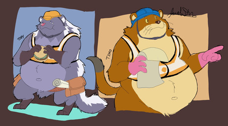 anthro armor belly big_belly burger duo eating food hard_hat headgear helmet humanoid_hands male navel overweight overweight_male simple_background standing jacobspencer04 tails_of_trainspot timo_(tails_of_trainspot) toby_(tails_of_trainspot) crab-eating_mongoose mammal mustelid musteline siberian_weasel true_musteline weasel 2025 hi_res