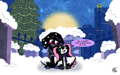 black_body black_fur christmas_tree countershade_face countershading duo female feral flower_on_head fluffy_ears fur grey_scarf holidays male markings pink_body pink_fur pink_inner_ear plant purple_paws purple_scarf purple_spots scarf snow spots spotted_body spotted_fur text toony tree white_body white_fur white_spots unclescooter 101_dalmatian_street 101_dalmatians christmas disney dante_(101_dalmatians) elvira_(cartooncross) fan_character canid canine canis dalmatian domestic_dog mammal mixed_breed english_text