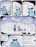 absurd_res aftertale animated_skeleton bone bridge clothed clothing comic dialogue english_text frisk_(undertale) grin hair hi_res human humanoid jacket loverofpiggies male mammal not_furry plant sans_(undertale) skeleton smile snow stick teeth text topwear tree undead undertale undertale_(series) winter