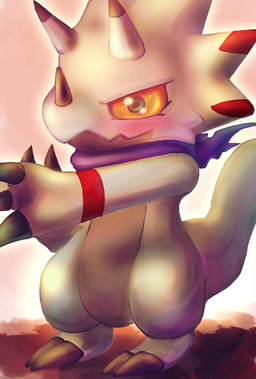 anthro claws countershading grey_body grey_countershading horn kerchief male neckerchief neckwear pose solo tail white_body yellow_eyes oko_konoko2 bandai_namco digimon digimon_(species) gammamon hi_res