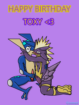 animal_genitalia animal_penis anthro balls blue_body duo erection feet foreskin french_kissing genitals glans hand_on_hip happy_birthday hug humanoid_genitalia humanoid_penis kissing male male/male partially_retracted_foreskin penis purple_body simple_background slit_penis text cometmystic21 nintendo pokemon comet_(cometmystic21) amped_toxtricity amphibian frog generation_6_pokemon generation_8_pokemon greninja lizard pokemon_(species) reptile scalie toxtricity english_text hi_res