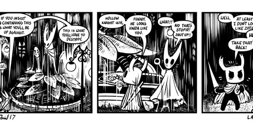 2_horns 3_panel_comic ambiguous_gender biped black_body black_eyes black_text blush blush_lines cloak clothing dialogue duo exclamation_point holding_melee_weapon holding_object holding_weapon horn looking_at_another melee_weapon nail_(weapon) outside question_mark raining sculpture speech_bubble standing statue street_lamp talking_to_another text weapon weapon_on_back p5ych hollow_knight_(franchise) team_cherry hollow_knight_(character) hornet_(hollow_knight) the_knight_(hollow_knight) arthropod vessel_(species) artist_name black_and_white comic english_text monochrome url female_(lore) half_sister_(lore) sibling_(lore) sister_(lore)