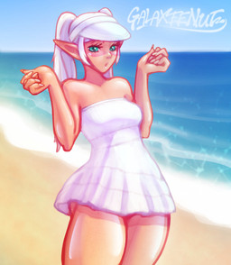 beach breasts clothed clothing dress eyelashes female front_view green_eyes grey_hair hair humanoid_pointy_ears looking_at_viewer pigtails pointy_ears sea sky solo tan_body tan_skin thick_thighs water white_clothing white_dress wide_hips galaxeenu frieren_beyond_journey's_end frieren elf humanoid absurd_res hi_res