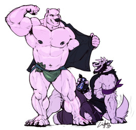 abs anthro armband armpit_hair beard belt beverage_can biceps big_muscles body_hair bottomwear bracelet bulge can clothing container detailed_bulge duo facial_hair fingerless_gloves flexing genital_outline gloves handwear huge_muscles jewelry jockstrap looking_at_another male money muscular muscular_anthro muscular_male nipple_piercing nipples open_mouth pants pecs penis_outline piercing shirt simple_background sitting smile spiked_bracelet spikes standing tank_top topwear underwear undressing white_background nightterror duke_(nightterror) niveus bear canid canine canis mammal polar_bear ursine wolf 2021 absurd_res dated hi_res signature