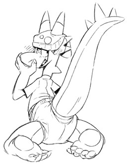 4_toes anthro biped blush claws clean_diaper clothed clothing diaper feet hat headgear headwear horn male raised_tail rear_view shirt simple_background t-shirt tail toe_claws toes toony topwear wearing_diaper white_background crackajackin cj_(crackajackin) lizard reptile scalie 2019 black_and_white digital_media_(artwork) monochrome