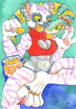 4_toes anthro barbell_piercing breasts claws cleavage cleavage_cutout clothed clothing cutout ear_piercing ear_ring eating facial_piercing feet female food fur jewelry navel navel_piercing nose_piercing panties pawpads paws piercing pink_pawpads ring ring_piercing solo striped_body stripes sweater tail toes tongue topwear turtleneck underwear unusual_anatomy unusual_tail kyokyota chimera felid feline lemur mammal nue pantherine primate reptile scalie snake strepsirrhine tiger 2021 absurd_res hi_res traditional_media_(artwork)