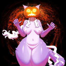 abstract_background anthro armor bodily_fluids breasts covered_face drone drooling female food for_a_head fruit fur genital_fluids glowing glowing_eyes hair headgear headgear_only helmet helmet_only holidays hypnosis medium_breasts mind_control nude pear-shaped_figure plant possession pumpkin pumpkin_head purple_body purple_fur saliva solo spiral spiral_background spiral_eyes standing tail thick_thighs vaginal_fluids white_hair wide_hips shieol halloween dahlia_(shieol) domestic_cat felid feline felis mammal object_head 1:1 absurd_res hi_res signature