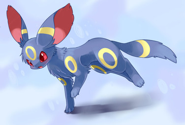 ambiguous_gender big_ears black_body black_fur blue_background blush cute_fangs fangs feral fur inner_ear_fluff light_blush markings open_mouth open_smile red_eyes ring_(marking) running simple_background smile solo standing tail teeth tuft suppainu nintendo pokemon eeveelution generation_2_pokemon pokemon_(species) umbreon 2015