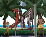 abs adolescent anthro ball beach casual_chastity chastity_cage chastity_device clothing group lgbt_pride male male/male muscular muscular_male palm_tree pecs plant pride_bandana pride_colors sea speedo sport swimming_trunks swimwear teens tree tropical volleyball volleyball_(ball) water young young_anthro young_male dgemporium bambi_(film) disney bambi karus ronno the_great_prince_of_the_forest deer mammal absurd_res hi_res